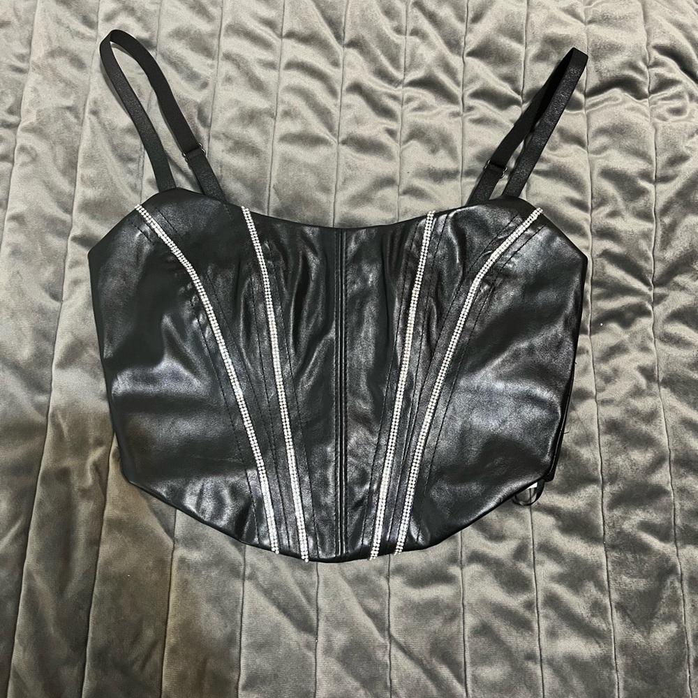 NWT Black Leather Corset Top with Silver Accents